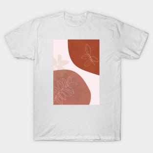 Abstract Line Art, Leaf, Boho, Neutral,Terracotta T-Shirt